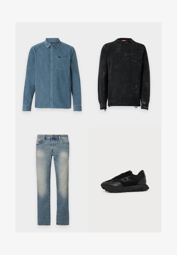 Suéter negro tejido con cuello redondo, puños y dobladillo acanalados. Presenta una textura desgastada con marcas más claras. Cremalleras laterales para ajuste.; Camisa de manga larga de pana azul, con cuello tipo botonera, bolsillo frontal y un sutil branding en el bolsillo.; Vaqueros de corte recto en denim azul claro con zonas desgastadas, cinco bolsillos y cierre de botón. La tela muestra un leve desgaste y marcas de uso.; Zapatilla negra de corte bajo con suela texturizada, parte superior de malla y cuero, cierre de cordones en la parte delantera y un pequeño logo en relieve en el panel lateral.