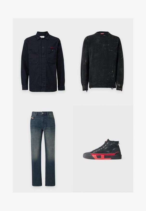 Suéter negro tejido con cuello redondo, puños y dobladillo acanalados. Presenta una textura desgastada con marcas más claras. Cremalleras laterales para ajuste.; Camisa de mezclilla azul oscuro con mangas largas, cierre frontal de botones, dos bolsillos en el pecho y un pequeño logo rojo "REPLAY" en el bolsillo izquierdo.; Vaqueros de mezclilla azul de pierna recta con lavado desvanecido, cierre frontal con botón y cremallera, y diseño de cinco bolsillos.; Zapatilla alta negra con detalles en rojo y un acabado envejecido. Presenta una parte superior de lona texturizada y una suela de goma con un diseño recortado.