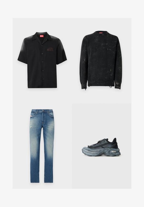Sort strikket sweater med rund hals, ribbede manchetter og kant. Har en slidte tekstur med lysere mærker. Sidelommer med lynlåse til justering.; Kortærmet sort skjorte lavet af glat stof med knaplukning fortil, der har et diskret præget logo på venstre bryst.; Blå denim jeans med lige ben design, featuring lys udvaskning, en lille slidtegn foran, og standard fem-lomme styling.; Sort og grå Diesel sneakers med tyk sål, snørrebåndslukning og tekstureret design på en ensfarvet lysegrå baggrund.