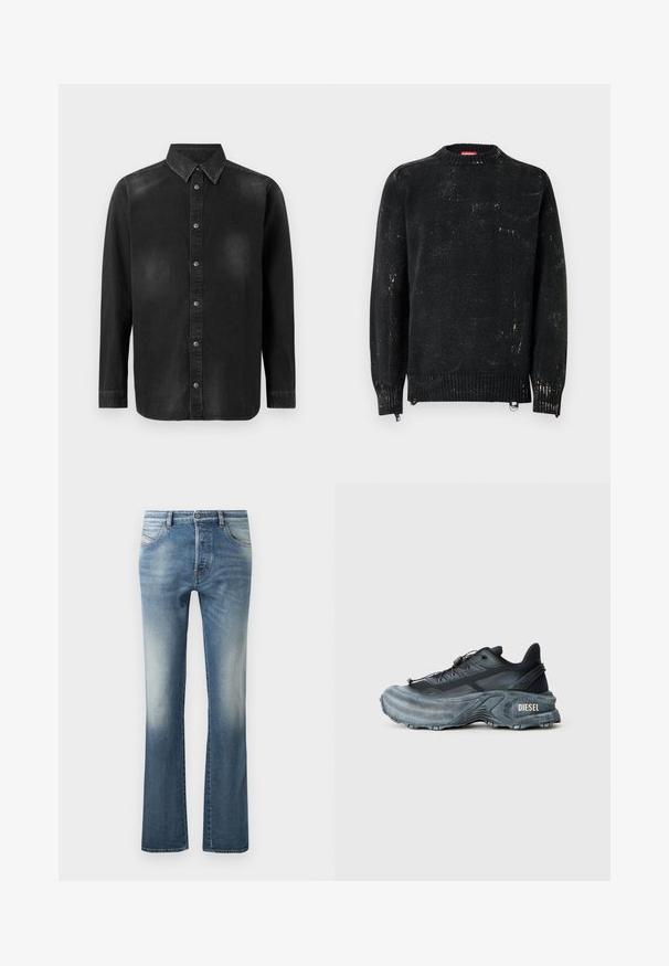 Schwarzer Strickpullover mit rundem Hals, gerippten Bündchen und Saum. Verfügt über eine verwaschene Textur mit helleren Markierungen. Seitliche Reißverschlüsse zur Anpassung.; Schwarze Denim-Hemd mit Button-Down-Kragen, langen Ärmeln und einer vorderen Knopfleiste. Verfügt über dezente Verblassungen und eine taillierte Passform.; Hellblaue Jeans im Schlagstil mit einem Fünf-Taschen-Design, leichtem Verblassen an den Oberschenkeln und einem normalen Bund mit Gürtelschlaufen.; Schwarz- und graue Diesel-Sneaker mit dicker Sohle, Schnürverschluss und strukturiertem Design auf einem schlichten hellgrauen Hintergrund.