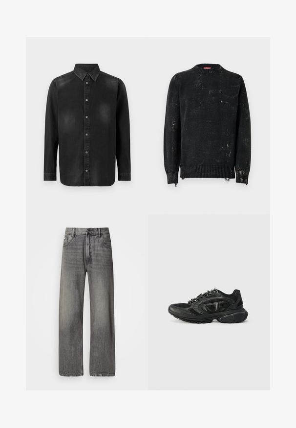 Sort strikket sweater med rund hals, ribbede manchetter og kant. Har en slidte tekstur med lysere mærker. Sidelommer med lynlåse til justering.; Sort denimskjorte med button-down krave, lange ærmer og frontlukning med knapper. Har diskret falmning og en skræddersyet pasform.; Vide bukser i mørkegråt denim med en falmet finish. Har klassisk fem-lomme design og bæltestropper.; Sorte atletiske sneakers med et mesh-overdel, teksturerede detaljer og polstret krave. Snørebåndsdesign med en tykk gummisål for støtte.