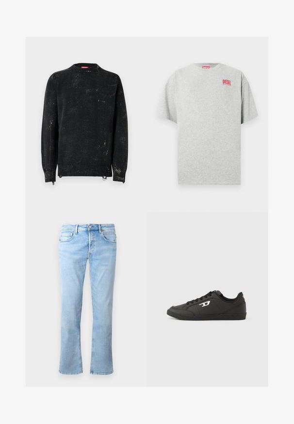 Sort strikket sweater med rund hals, ribbede manchetter og kant. Har en slidte tekstur med lysere mærker. Sidelommer med lynlåse til justering.; Grå bomuld t-shirt med rund hals og korte ærmer. Har et lille rødt "DIESEL" logo på brystet. Glat tekstur.; Lyseblå denimjeans har en lige ben-design, fem lomme-styling og en knaplukning. Stoffet har en glat tekstur med falmede accenter.; Sorte syntetiske sneakers med en struktureret sort sål, rund tå og flade sorte snørebånd. Fremtrædende hvidt logo på ydersiden.