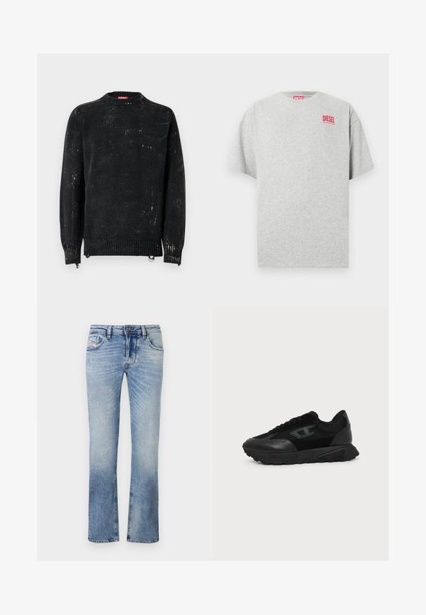 Sort strikket sweater med rund hals, ribbede manchetter og kant. Har en slidte tekstur med lysere mærker. Sidelommer med lynlåse til justering.; Grå bomuld t-shirt med rund hals og korte ærmer. Har et lille rødt "DIESEL" logo på brystet. Glat tekstur.; Lyseblå denim jeans med lige ben-design, der har frontlommer, lynlås og subtile falmninger i stoffet.; Sort lavt snøresko med struktureret sål, mesh- og læderoverdel, snørebånd foran og et lille præget logo på sidepanelet.