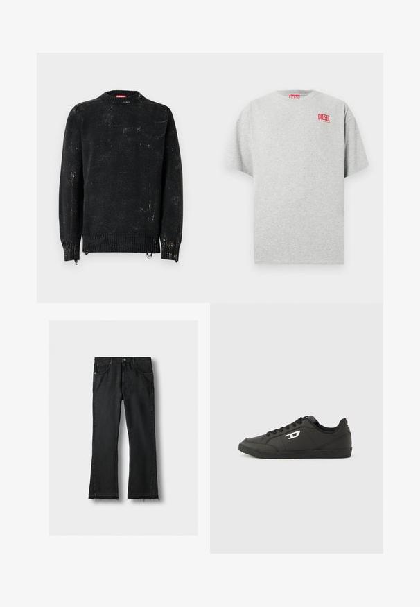 Zwarte gebreide trui met een ronde hals, geribbelde manchetten en zoom. Heeft een verweerde textuur met lichtere markeringen. Zijritsen voor aanpassing.; Grijs katoenen T-shirt met een ronde hals en korte mouwen. Voorzien van een klein rood "DIESEL" logo op de borst. Soepele textuur.; Zwarte spijkerbroek met rechte broekspijpen, voorzakken en ruwe, rafelige zoom, plat gelegd op een lichte achtergrond.; Zwarte sneakers van synthetisch materiaal met een geribbelde zwarte zool, ronde neus en vlakke zwarte veters. Opvallend wit logomerk aan de buitenzijde.