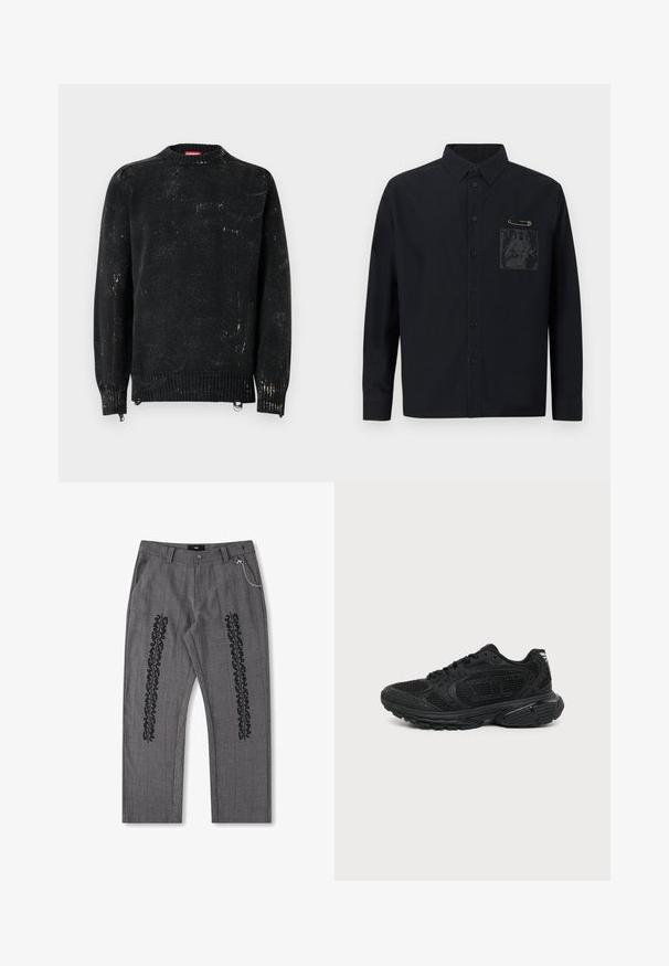 Sort strikket sweater med rund hals, ribbede manchetter og kant. Har en slidte tekstur med lysere mærker. Sidelommer med lynlåse til justering.; Sort skjorte med knapper og lange ærmer, med en frontlomme og grafisk tryk. Inkluderer en sikkerhedsnål som detalje nær lommen.; Grå rutet bukser med sort tekstdetalje langs siderne, prydet med en kædeaccent i taljen. Bukserne har lige ben og er lavet af struktureret stof.; Sort atletiksko med mesh-overdel, polstret krave, tyk pude sål og snørelukning vist i sideprofil mod hvid baggrund.