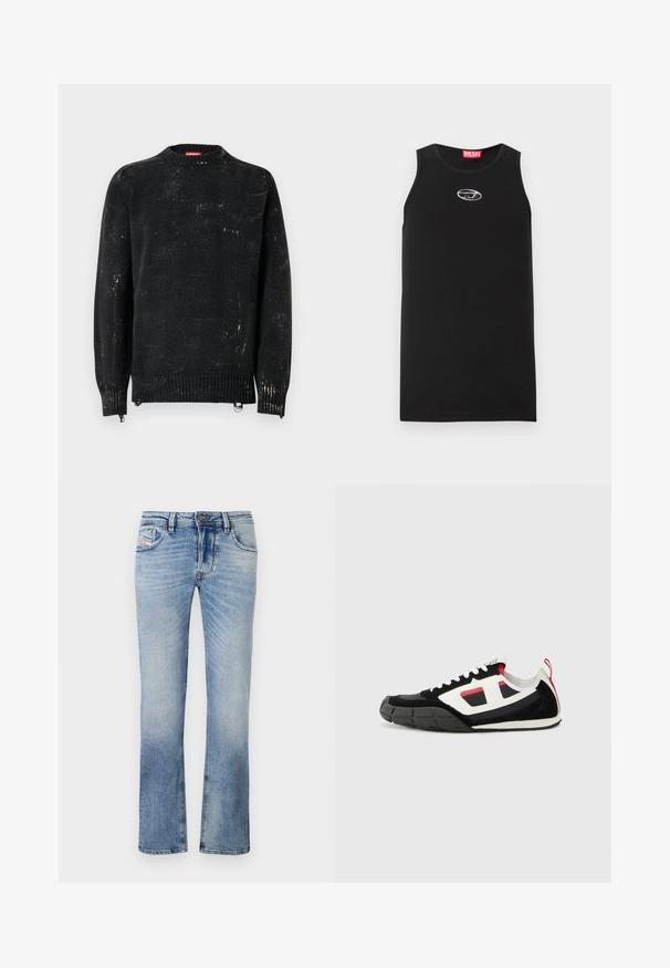 Sort strikket sweater med rund hals, ribbede manchetter og kant. Har en slidte tekstur med lysere mærker. Sidelommer med lynlåse til justering.; Sort ærmeløs tanktop lavet af bomuld. Har en rund halsudskæring og en lille hvid Diesel-logo på brystet. Glat tekstur.; Lyseblå denim jeans med lige ben-design, der har frontlommer, lynlås og subtile falmninger i stoffet.; Diesel S PAGODHA LOW - Sneakers - black