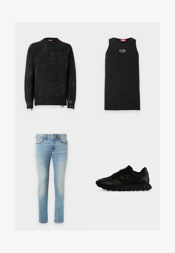 Zwarte gebreide trui met een ronde hals, geribbelde manchetten en zoom. Heeft een verweerde textuur met lichtere markeringen. Zijritsen voor aanpassing.; Zwarte mouwloze tanktop van katoen. Heeft een ronde halslijn en een klein wit Diesel-logo op de borst. Gladde textuur.; Lichtblauwe denim spijkerbroek met een slim fit, vijf-pocket ontwerp en subtiele vervaging, met knoopsluiting en riemlussen.; Zwarte lage sneaker met gestructureerd leer en stoffen panelen, vetersluiting en dikke rubberen zool op een effen lichte achtergrond.