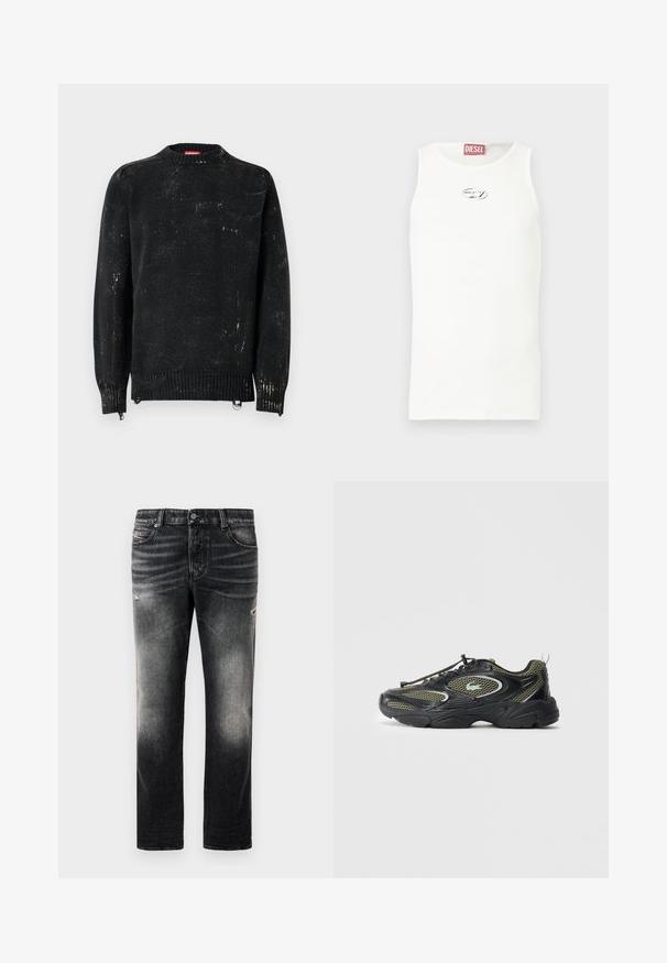 Suéter negro tejido con cuello redondo, puños y dobladillo acanalados. Presenta una textura desgastada con marcas más claras. Cremalleras laterales para ajuste.; Camiseta blanca sin mangas hecha de tela suave, con un pequeño logo plateado en el pecho y una etiqueta roja en el cuello.; Jeans negros con acabado desgastado y toques rasgados, diseño estándar de cinco bolsillos y cierre con cremallera. Elaborados en tela de denim.; Zapatilla de malla negra y oliva con suela gruesa, cordones elásticos con toggle y un pequeño logo de cocodrilo verde en el lateral.