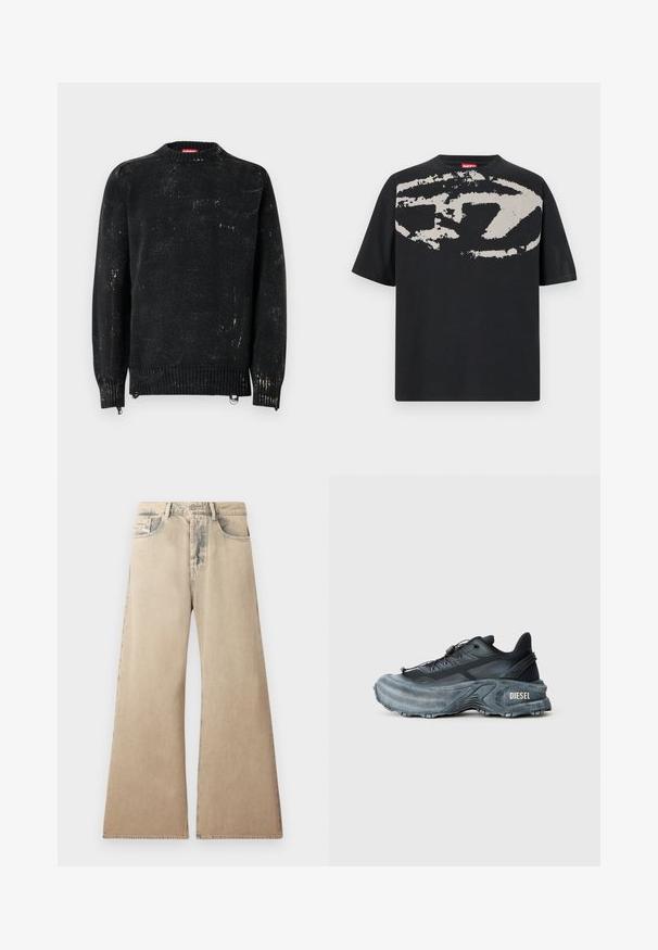 Sort strikket sweater med rund hals, ribbede manchetter og kant. Har en slidte tekstur med lysere mærker. Sidelommer med lynlåse til justering.; Sort t-shirt med et stort, abstrakt lys grå grafik foran. Korte ærmer og en klassisk rund halsudskæring. Materialet er bomuld.; Beige brede jeans med falmet tekstur, fem-lomme design og syet detaljering langs sømmene. Midjebåndet har en traditionel knaplukning.; Sort og grå Diesel sneakers med tyk sål, snørrebåndslukning og tekstureret design på en ensfarvet lysegrå baggrund.