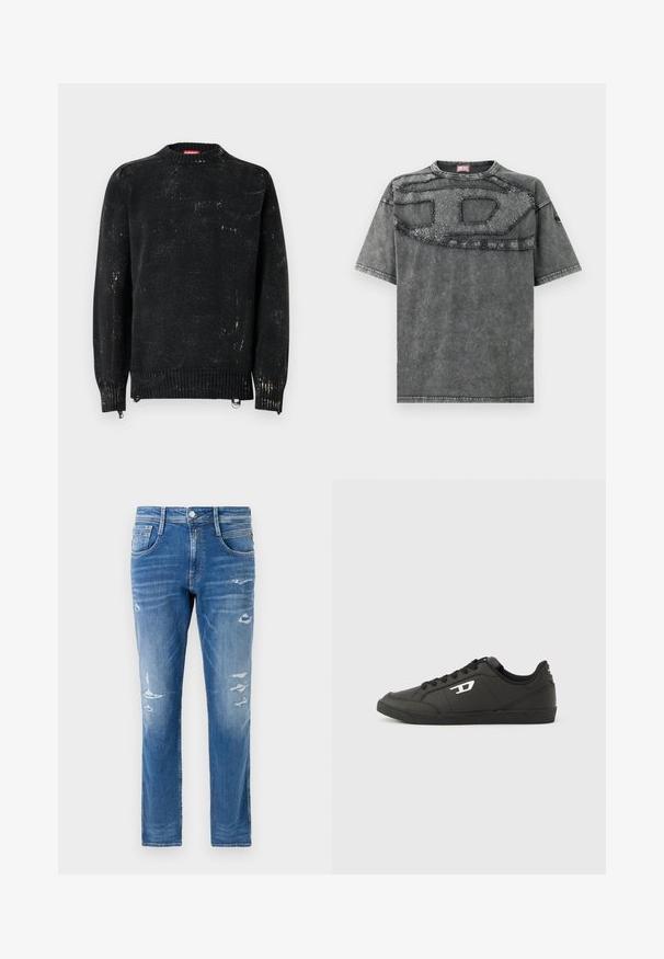 Schwarzer Strickpullover mit rundem Hals, gerippten Bündchen und Saum. Verfügt über eine verwaschene Textur mit helleren Markierungen. Seitliche Reißverschlüsse zur Anpassung.; Graues Denim-T-Shirt mit kurzen Ärmeln, das ein strukturiertes Patch-Design über der Brust und dezente Used-Effekte im Stoff aufweist.; Denim-Jeans in einer hellblauen Wäsche mit regulärer Passform. Mit abgenutzten Details und subtilen Auswaschungen in der Nähe der Taschen und Knie.; Schwarze Sneakers aus synthetischem Material mit einer strukturierten schwarzen Sohle, rundem Zehenbereich und flachen schwarzen Schnürsenkeln. Auffälliges weißes Logo auf der Außenseite.