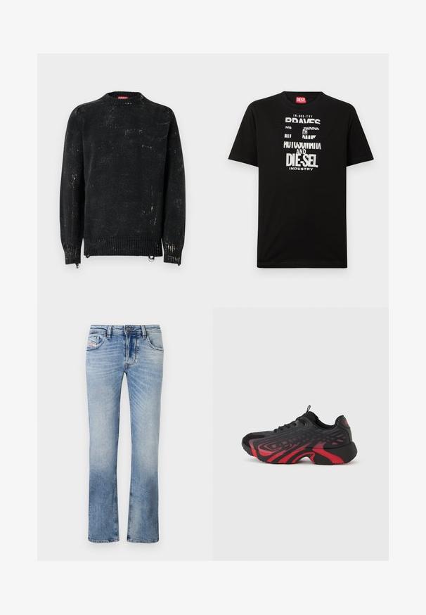 Sort strikket sweater med rund hals, ribbede manchetter og kant. Har en slidte tekstur med lysere mærker. Sidelommer med lynlåse til justering.; Sort bomulds-T-shirt med fed hvide tekstgrafik, herunder "DIESEL" og "INDUSTRY", med rund halsudskæring og korte ærmer.; Lyseblå denim jeans med lige ben-design, der har frontlommer, lynlås og subtile falmninger i stoffet.; Sort og rød atletik sko med tekstureret overdel med mønsterdetaljer, snørelukning og tyk gummisål.