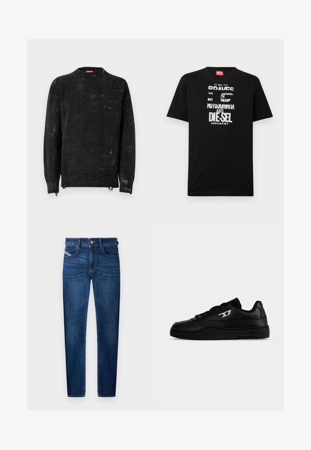Zwarte gebreide trui met een ronde hals, geribbelde manchetten en zoom. Heeft een verweerde textuur met lichtere markeringen. Zijritsen voor aanpassing.; Zwart katoenen T-shirt met opvallende witte tekstgrafieken, waaronder "DIESEL" en "INDUSTRY", met een ronde hals en korte mouwen.; Donkerblauwe spijkerbroeken met rechte pijpen, vijf zakken, zichtbare stikseldetails en een metalen knoopsluiting.; Zwarte lage sneaker met dikke zool, veterluiting aan de voorkant en een klein wit "D" logo aan de zijkant, afgebeeld tegen een effen witte achtergrond.