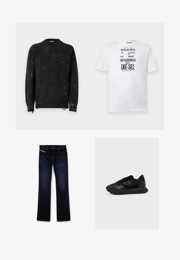 Suéter negro tejido con cuello redondo, puños y dobladillo acanalados. Presenta una textura desgastada con marcas más claras. Cremalleras laterales para ajuste.; Camiseta blanca de algodón con tipografía negra audaz que muestra las palabras "BRAVES" y "DIE-SEL INDUSTRY" y un diseño de recorte semitransparente.; Jeans de mezclilla de color azul oscuro con corte recto, con costuras naranjas, cremallera en la bragueta y bolsillos delanteros. Textura suave y cinturilla estándar.; Diesel S-TAME D-UP - Zapatillas - h1669