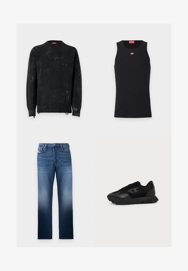 Sort strikket sweater med rund hals, ribbede manchetter og kant. Har en slidte tekstur med lysere mærker. Sidelommer med lynlåse til justering.; Sort ærmeløs Diesel tanktop med lille rødt og hvidt logo på brystet og rød Diesel-etiket indeni kraven.; Mørkeblå denim jeans med lige ben-design, præget af en bleget vask-effekt. Inkluderer en frontknaplukning og lommer.; Sort lavt snøresko med struktureret sål, mesh- og læderoverdel, snørebånd foran og et lille præget logo på sidepanelet.