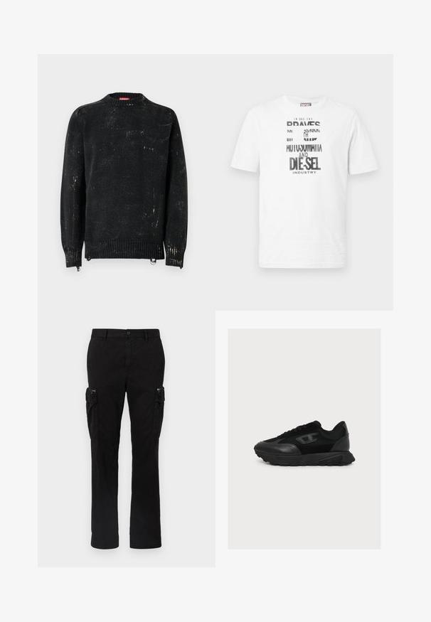 Schwarzer Strickpullover mit rundem Hals, gerippten Bündchen und Saum. Verfügt über eine verwaschene Textur mit helleren Markierungen. Seitliche Reißverschlüsse zur Anpassung.; Weißes Diesel T-Shirt mit kurzen Ärmeln, schwarzem und weißem grafischem Text und Logo auf der Vorderseite, rundem Ausschnitt und rotem Logoschild an der Seitennaht.; Schwarze Cargo-Hose aus Baumwolle mit zwei seitlichen Taschen, geradem Bein und sichtbaren Nähten an den Säumen.; Schwarzer Sneaker mit niedrigem Schaft, Mesh- und Lederdetails, dicker Sohle und dezentem Logo an der Seite, im Profil vor weißem Hintergrund gezeigt.