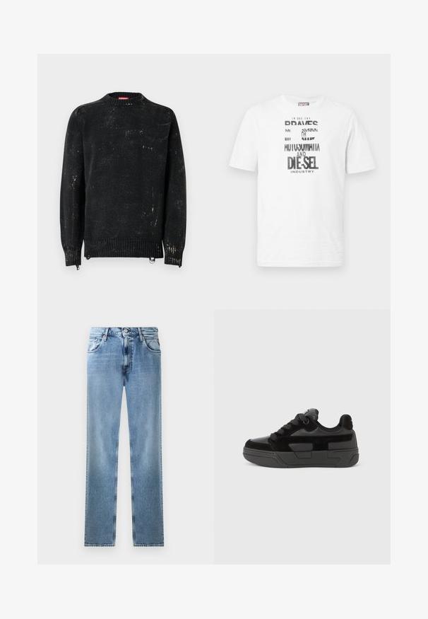 Zwarte gebreide trui met een ronde hals, geribbelde manchetten en zoom. Heeft een verweerde textuur met lichtere markeringen. Zijritsen voor aanpassing.; Witte korte mouw Diesel T-shirt met zwart-witte grafische tekst en logo aan de voorkant, ronde halslijn en rode logolabel aan de zijnaad.; Lichtblauwe denim straight-leg jeans met zakken, koperen nieten en een knoopsluiting. Kenmerkt een vervaagd ontwerp en een schone afwerking.; Zwarte sneaker met een mix van gladde en gestructureerde materialen, voorzien van een afgeronde neus, dikke zool en vetersluiting. Minimalistisch ontwerp met accenten.