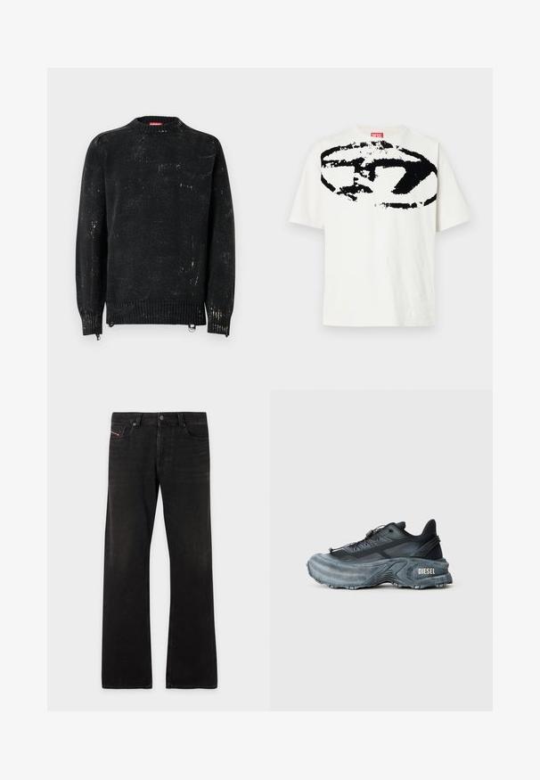 Sort strikket sweater med rund hals, ribbede manchetter og kant. Har en slidte tekstur med lysere mærker. Sidelommer med lynlåse til justering.; Hvid bomulds T-shirt med et stort sort grafisk logo på fronten. Designet inkluderer abstrakte former og teksturer. Korte ærmer.; Sorte denim jeans med lige ben, fem lommer og knappelukning, der viser let falming på lårene og knæene.; Sort og grå Diesel sneakers med tyk sål, snørrebåndslukning og tekstureret design på en ensfarvet lysegrå baggrund.