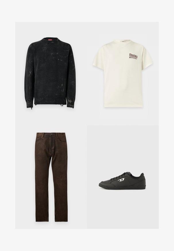 Sort strikket sweater med rund hals, ribbede manchetter og kant. Har en slidte tekstur med lysere mærker. Sidelommer med lynlåse til justering.; Kremfarvet T-shirt med korte ærmer og rund halsudskæring med "Replay Motocicli" trykt med små mørke bogstaver på venstre bryst.; Brune denim jeans med en let slidtegn, lige ben-design, fem lommer og en knaplukning i taljen.; Sorte syntetiske sneakers med en struktureret sort sål, rund tå og flade sorte snørebånd. Fremtrædende hvidt logo på ydersiden.