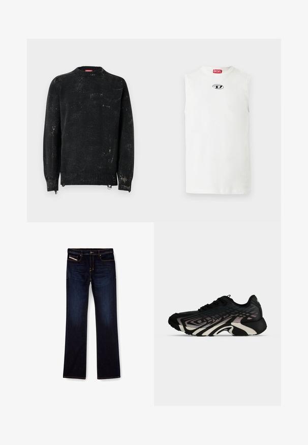 Sort strikket sweater med rund hals, ribbede manchetter og kant. Har en slidte tekstur med lysere mærker. Sidelommer med lynlåse til justering.; Hvid ærmeløs t-shirt af bomuld med rund halsudskæring og et sort og blåt logo på brystet.; Mørkeblå denim jeans med lige ben, med orange syninger, lynlås og forlommer. Glat tekstur og standard talje.; Sort og grå atletiksneaker med lagdelte geometriske mønstre og tyk, skulptureret sål set fra siden på en hvid baggrund.