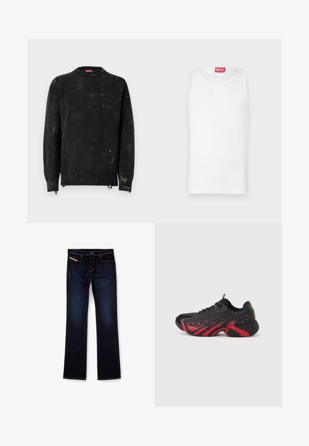 Zwarte gebreide trui met een ronde hals, geribbelde manchetten en zoom. Heeft een verweerde textuur met lichtere markeringen. Zijritsen voor aanpassing.; Witte tanktop van gladde katoenen stof. Heeft een ronde halslijn, zonder mouwen en een prominent rood Diesel merklogo op de hals.; Donkerblauwe denim jeans met een rechte pijp, voorzien van oranje stiksels, een ritssluiting en voorzakken. Glad oppervlak en een standaard tailleband.; Zwart-rode sportieve schoen met een textuur bovenwerk met patroondetails, veter sluiting en een dikke rubberen zool.
