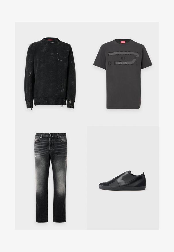Sort strikket sweater med rund hals, ribbede manchetter og kant. Har en slidte tekstur med lysere mærker. Sidelommer med lynlåse til justering.; Grå bomulds-T-shirt med fed sort tekst, der lyder "PROPERTY OF D.I.E.S.E.L.", med en glat tekstur og korte ærmer.; Sorte jeans med en falmet finish og slidte detaljer, standard fem-pockets design og lynlås. Lavet af denim stof.; Sorte sneakers med et elegant design, lavet af glat læder og med ruskindsdetaljer. Har kantede paneler og en rund tå. Gummisål.