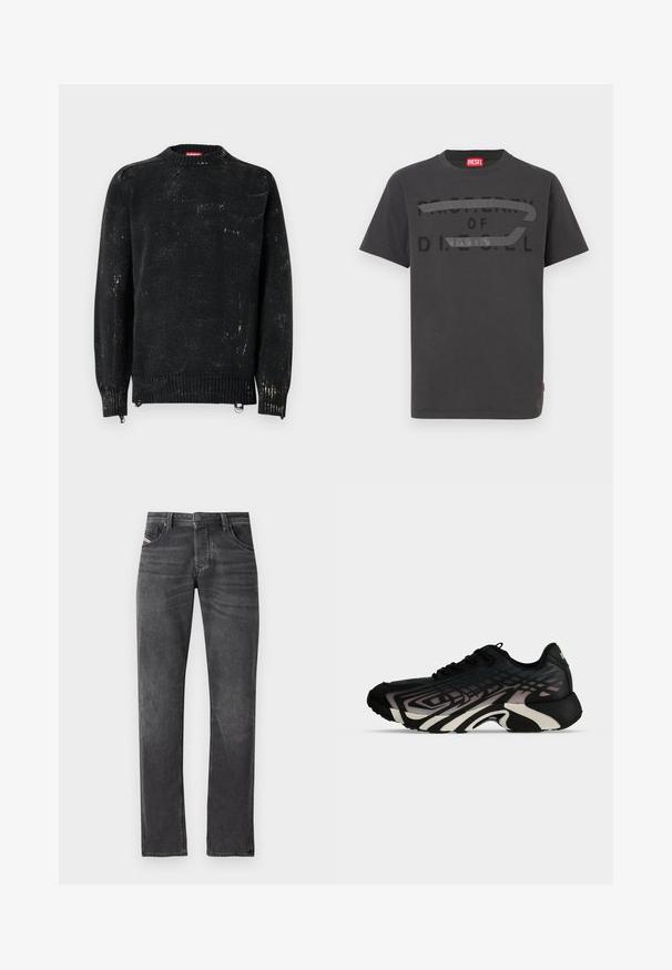 Pull noir en maille avec un col rond, des poignets et un ourlet côtelés. Présente une texture usée avec des marques plus claires. Fermetures éclair latérales pour ajustement.; T-shirt en coton gris avec un texte noir audacieux indiquant "PROPERTY OF D.I.E.S.E.L.", à la texture lisse et manches courtes.; Jean en denim gris foncé avec coupe droite, cinq poches, fermeture à bouton en métal et un léger effilochage sur la surface du tissu.; Basket de sport noire et grise avec des motifs géométriques superposés et une semelle épaisse et sculptée, vue de côté sur fond blanc.