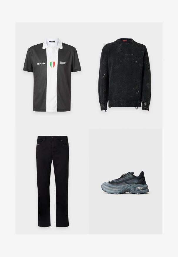 Suéter negro tejido con cuello redondo, puños y dobladillo acanalados. Presenta una textura desgastada con marcas más claras. Cremalleras laterales para ajuste.; Polo de manga corta en blanco y negro con cuello, que presenta el logo "REPLAY", el número "981" y un emblema de la bandera italiana en la parte frontal.; Pantalones de mezclilla negros con diseño de pierna recta, cinco bolsillos y cierre de botón metálico. Presenta un sutil detalle de costura en el bolsillo delantero.; Zapatilla Diesel en negro y gris con suela gruesa, cierre de cordón y diseño texturizado sobre un fondo liso de color gris claro.