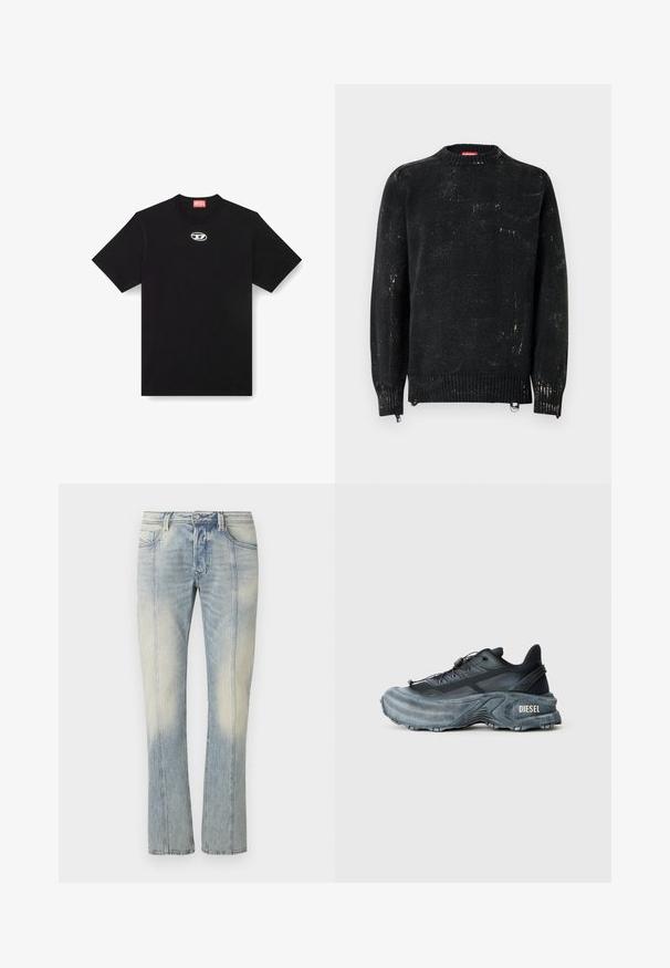 Suéter negro tejido con cuello redondo, puños y dobladillo acanalados. Presenta una textura desgastada con marcas más claras. Cremalleras laterales para ajuste.; Camiseta de algodón negra con cuello redondo y mangas cortas. Presenta un pequeño logotipo plateado bordado en el centro del frente.; Jeans de mezclilla azul claro con diseño de pierna recta, con costuras dobles, bolsillos frontales y acabado desteñido. Sin marcas visibles.; Zapatilla Diesel en negro y gris con suela gruesa, cierre de cordón y diseño texturizado sobre un fondo liso de color gris claro.