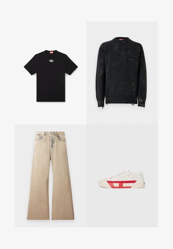 Zwarte gebreide trui met een ronde hals, geribbelde manchetten en zoom. Heeft een verweerde textuur met lichtere markeringen. Zijritsen voor aanpassing.; Zwarte katoenen t-shirt met een ronde halslijn en korte mouwen. Heeft een klein, zilver logo geborduurd in het midden van de voorkant.; Beige wijde jeans met vervaagde textuur, vijf-pocket ontwerp en gestikte details langs de naden. De taille heeft een traditionele knoopsluiting.; Canvas sneaker met een witte bovenkant, rode rubberen accenten en een gestructureerd ontwerp. Heeft een ronde neus en vijf oogjes voor de veters.