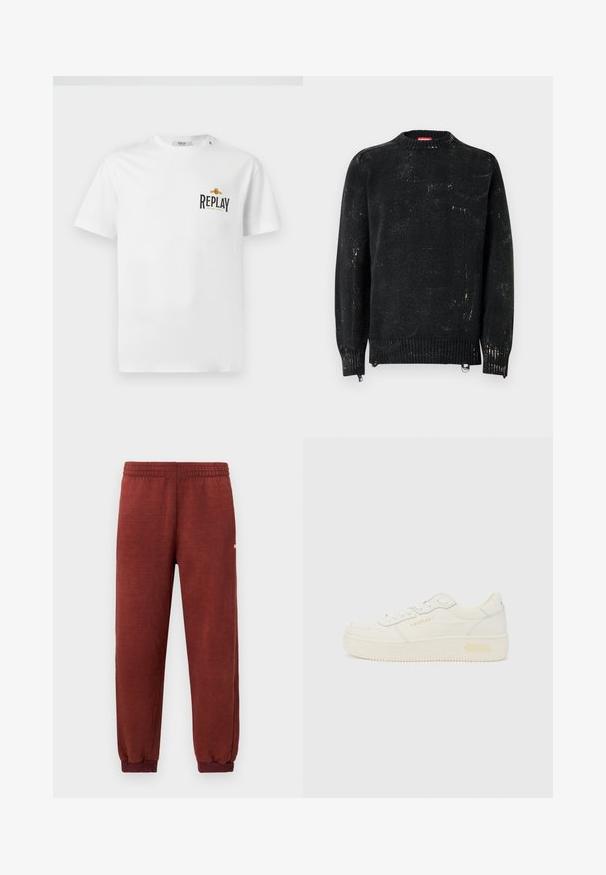 Zwarte gebreide trui met een ronde hals, geribbelde manchetten en zoom. Heeft een verweerde textuur met lichtere markeringen. Zijritsen voor aanpassing.; Witte katoenen t-shirt met korte mouwen, voorzien van een zwart en gouden "REPLAY GRAND HOTEL" logo op de linkerkant van de borst. Eenvoudig ontwerp, normale pasvorm.; Roestkleurige fleece joggingbroek met elastische tailleband en enkelmanchetten, tentoongesteld tegen een witte achtergrond.; Lage witte sneaker met veters aan de voorkant, dikke zool en subtiele "REPLAY" branding op de zijkant en hiel, getoond in profiel.