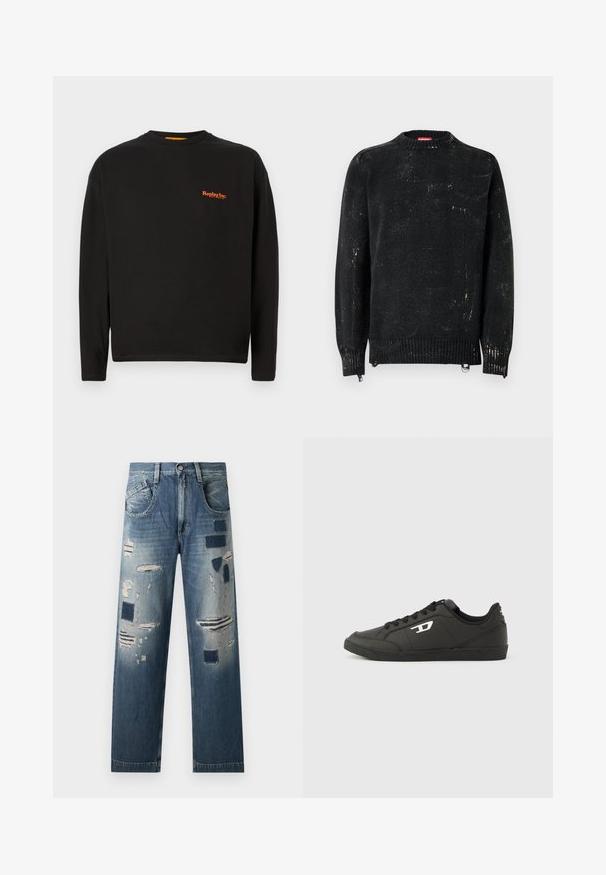Sort strikket sweater med rund hals, ribbede manchetter og kant. Har en slidte tekstur med lysere mærker. Sidelommer med lynlåse til justering.; Sort langærmet t-shirt lavet af bomuld, der har et lille orange "Replay Inc." logo på brystet, med rund halsudskæring og almindelig pasform.; Denim jeans med slidte lapper og varierende nuancer af blå, med en lige benudskæring og traditionelt fem-lomme design.; Sorte syntetiske sneakers med en struktureret sort sål, rund tå og flade sorte snørebånd. Fremtrædende hvidt logo på ydersiden.