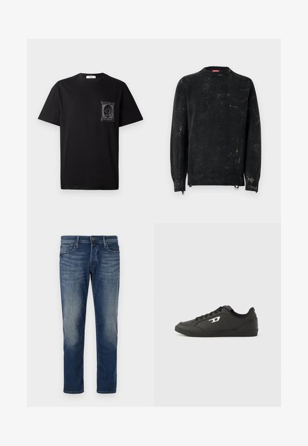 Zwarte gebreide trui met een ronde hals, geribbelde manchetten en zoom. Heeft een verweerde textuur met lichtere markeringen. Zijritsen voor aanpassing.; Zwarte katoenen t-shirt met korte mouwen, voorzien van een grafische print op de linkerborst en een kleine rode accent nabij de halslijn.; Donkerblauwe spijkerbroek met een klassieke pasvorm, vijf zakken, subtiele vervaging op de dijen en een rechte pijp. Metalen knoopsluiting.; Zwarte sneakers van synthetisch materiaal met een geribbelde zwarte zool, ronde neus en vlakke zwarte veters. Opvallend wit logomerk aan de buitenzijde.