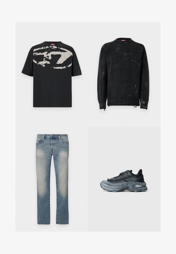 Sort strikket sweater med rund hals, ribbede manchetter og kant. Har en slidte tekstur med lysere mærker. Sidelommer med lynlåse til justering.; Sort t-shirt med et stort, abstrakt lys grå grafik foran. Korte ærmer og en klassisk rund halsudskæring. Materialet er bomuld.; Lyseblå denim jeans med lige ben, falmede områder, fem lommer og knaplukning. Stoffet viser let slid og brugsmærker.; Sort og grå Diesel sneakers med tyk sål, snørrebåndslukning og tekstureret design på en ensfarvet lysegrå baggrund.