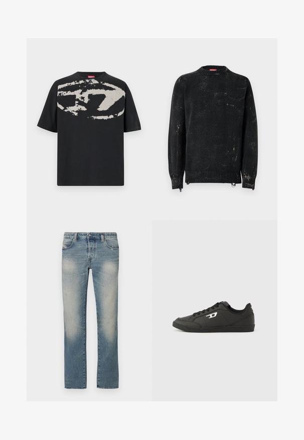 Suéter negro tejido con cuello redondo, puños y dobladillo acanalados. Presenta una textura desgastada con marcas más claras. Cremalleras laterales para ajuste.; Camiseta negra con un gran gráfico abstracto en gris claro en la parte frontal. Mangas cortas y un cuello redondeado clásico. Material de algodón.; Vaqueros de corte recto en denim azul claro con zonas desgastadas, cinco bolsillos y cierre de botón. La tela muestra un leve desgaste y marcas de uso.; Zapatillas deportivas negras sintéticas con suela negra texturizada, puntera redonda y cordones planos negros. Destaca un logo blanco en el lateral exterior.