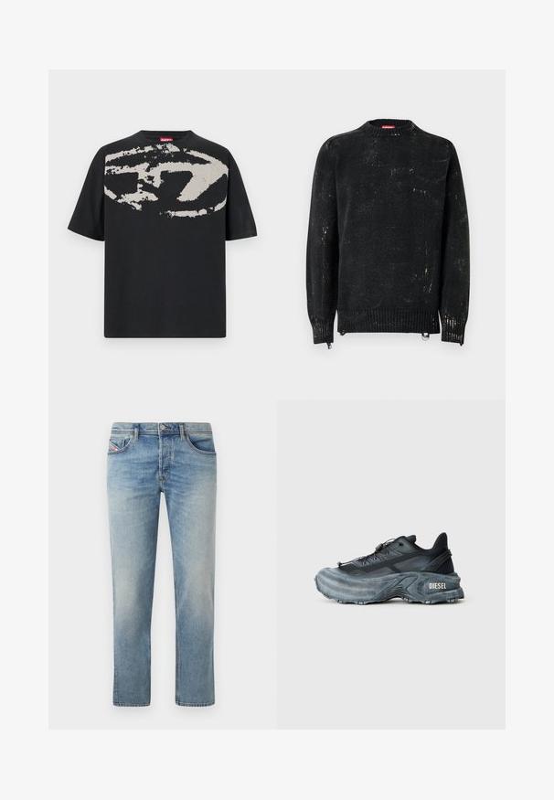 Suéter negro tejido con cuello redondo, puños y dobladillo acanalados. Presenta una textura desgastada con marcas más claras. Cremalleras laterales para ajuste.; Camiseta negra con un gran gráfico abstracto en gris claro en la parte frontal. Mangas cortas y un cuello redondeado clásico. Material de algodón.; Jeans de denim azul claro con un diseño de pierna recta. Las características incluyen cinco bolsillos, pasadores para cinturón y un ligero desgaste en la tela.; Zapatilla Diesel en negro y gris con suela gruesa, cierre de cordón y diseño texturizado sobre un fondo liso de color gris claro.
