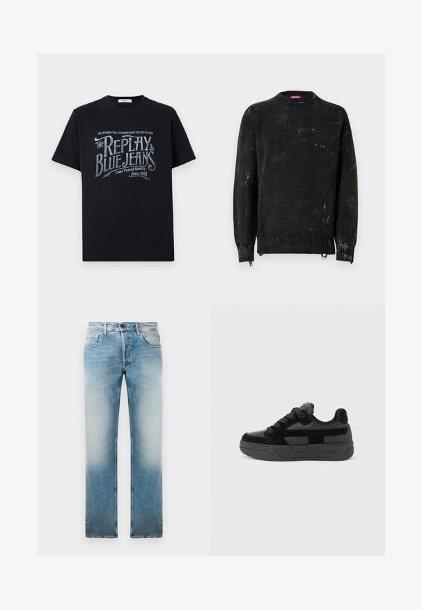 Zwarte gebreide trui met een ronde hals, geribbelde manchetten en zoom. Heeft een verweerde textuur met lichtere markeringen. Zijritsen voor aanpassing.; Zwarte katoenen t-shirt met korte mouwen en een ronde halslijn, met een vintage-stijl witte en lichtblauwe grafische tekstontwerp op de voorkant.; Lichtblauwe denim jeans met een rechte pijp, gekenmerkt door een vervaagde wassing, vijf zakken en een knoopsluiting bij de taille.; Zwarte sneaker met een mix van gladde en gestructureerde materialen, voorzien van een afgeronde neus, dikke zool en vetersluiting. Minimalistisch ontwerp met accenten.