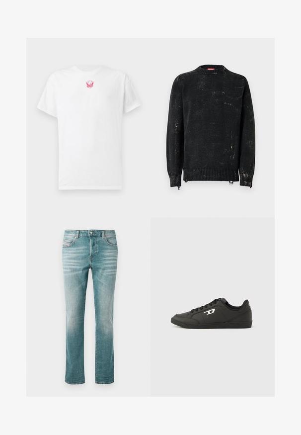 Zwarte gebreide trui met een ronde hals, geribbelde manchetten en zoom. Heeft een verweerde textuur met lichtere markeringen. Zijritsen voor aanpassing.; Witte katoen t-shirt met korte mouwen, ronde hals en een kleine roze geborduurde adelaar grafiek op de borst. Zachte textuur.; Lichtblauwe denim jeans met een rechte pasvorm, vijf zakken, subtiele vervaging en een klassieke knoopsluiting bij de taille.; Zwarte sneakers van synthetisch materiaal met een geribbelde zwarte zool, ronde neus en vlakke zwarte veters. Opvallend wit logomerk aan de buitenzijde.