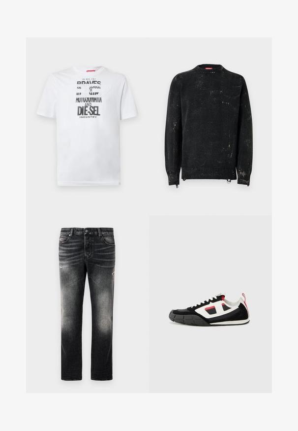 Pull noir en maille avec un col rond, des poignets et un ourlet côtelés. Présente une texture usée avec des marques plus claires. Fermetures éclair latérales pour ajustement.; T-shirt en coton blanc avec une typographie noire audacieuse affichant les mots "BRAVES" et "DIE-SEL INDUSTRY" ainsi qu'un design découpé semi-transparent.; Jean noir avec une finition délavée et des accents usés, design standard à cinq poches, et fermeture éclair. Fabriqué en tissu denim.; Diesel S PAGODHA LOW - Baskets basses - black