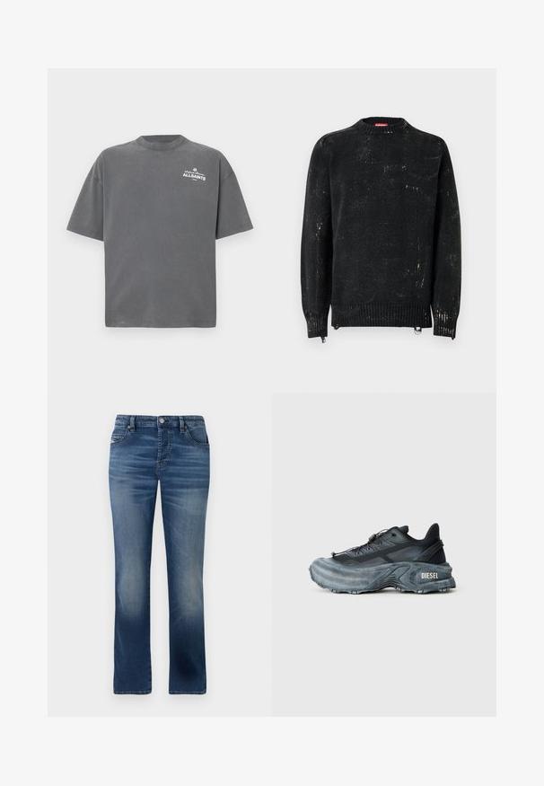 Sort strikket sweater med rund hals, ribbede manchetter og kant. Har en slidte tekstur med lysere mærker. Sidelommer med lynlåse til justering.; Mørkegrå T-shirt med korte ærmer og rund hals med lille hvid "ALLSAINTS"-logo på øverste venstre bryst.; Mørkeblå denimbukser med lige ben-design, der har frontlommer, diskret falming og en klassisk knaplukning i taljen.; Sort og grå Diesel sneakers med tyk sål, snørrebåndslukning og tekstureret design på en ensfarvet lysegrå baggrund.