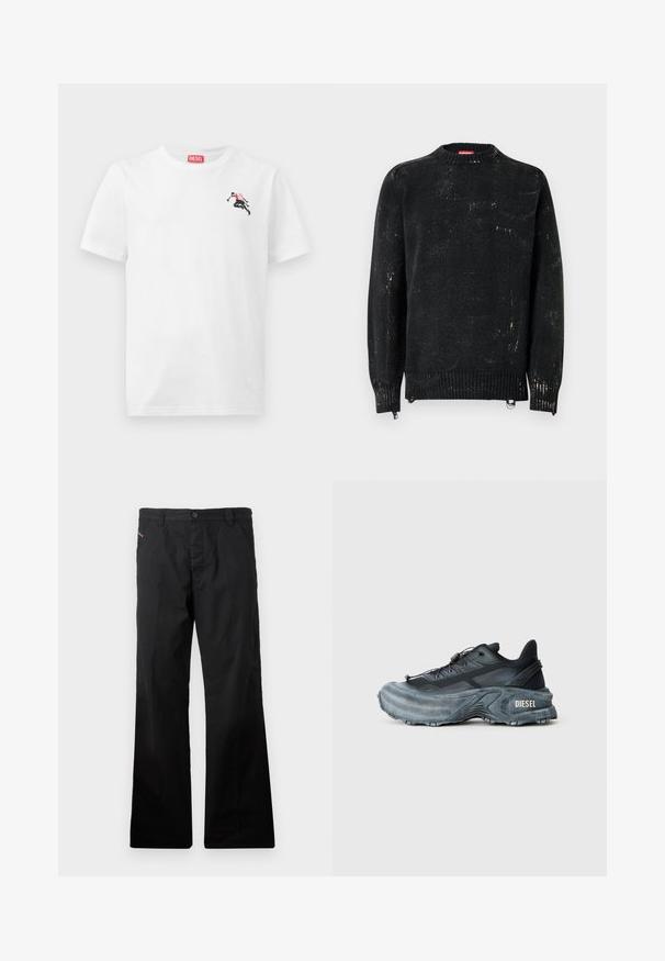 Pull noir en maille avec un col rond, des poignets et un ourlet côtelés. Présente une texture usée avec des marques plus claires. Fermetures éclair latérales pour ajustement.; T-shirt en coton blanc avec un petit motif noir et rouge sur le côté gauche de la poitrine et une étiquette logo rouge au niveau de l'encolure. Manches courtes, col rond.; Pantalon droit en coton noir avec fermeture à bouton. Dispose de poches latérales et d'un design minimaliste sans motifs ni accents visibles.; Baskets Diesel noires et grises avec semelle épaisse, système de laçage à bascule et design texturé sur fond gris clair uni.