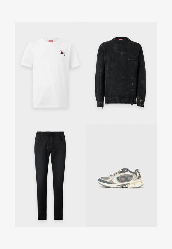 Sort strikket sweater med rund hals, ribbede manchetter og kant. Har en slidte tekstur med lysere mærker. Sidelommer med lynlåse til justering.; Hvid bomulds-T-shirt med en lille sort og rød grafik på venstre bryst og et rødt logomærke ved halsudskæringen. Korte ærmer, rund hals.; Sorte denimbukser med slim fit, der har en snoretræk i taljen, to forlommer og diskrete sømdetaljer. Glat tekstur.; Sportssko i grå, hvide og beige materialer med en mesh-overdel, tyk sål og teksturerede accenter. Reflekterende detaljer på siderne.
