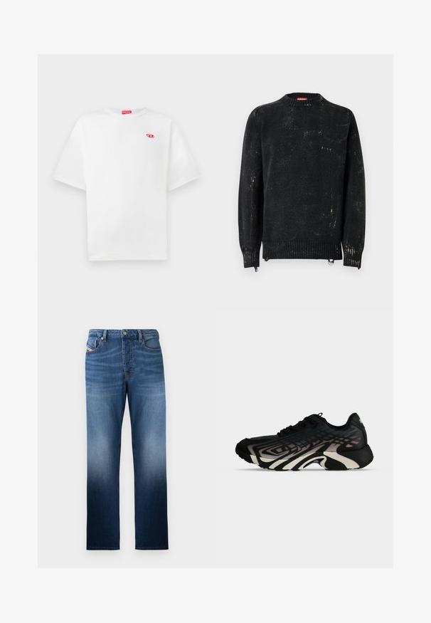 Zwarte gebreide trui met een ronde hals, geribbelde manchetten en zoom. Heeft een verweerde textuur met lichtere markeringen. Zijritsen voor aanpassing.; Witte katoenen t-shirt met korte mouwen, ronde hals en rode "DIESEL" logo label. Het heeft een klein rood embleem op de linkerborst.; Donkerblauwe denim jeans met een rechte pijp, voorzien van een vervaagde wassing. Inclusief een knoopsluiting aan de voorkant en zakken.; Zwarte en grijze sportschoen met gelaagde geometrische patronen en een dikke, gevormde zool, zijaanzicht op een witte achtergrond.