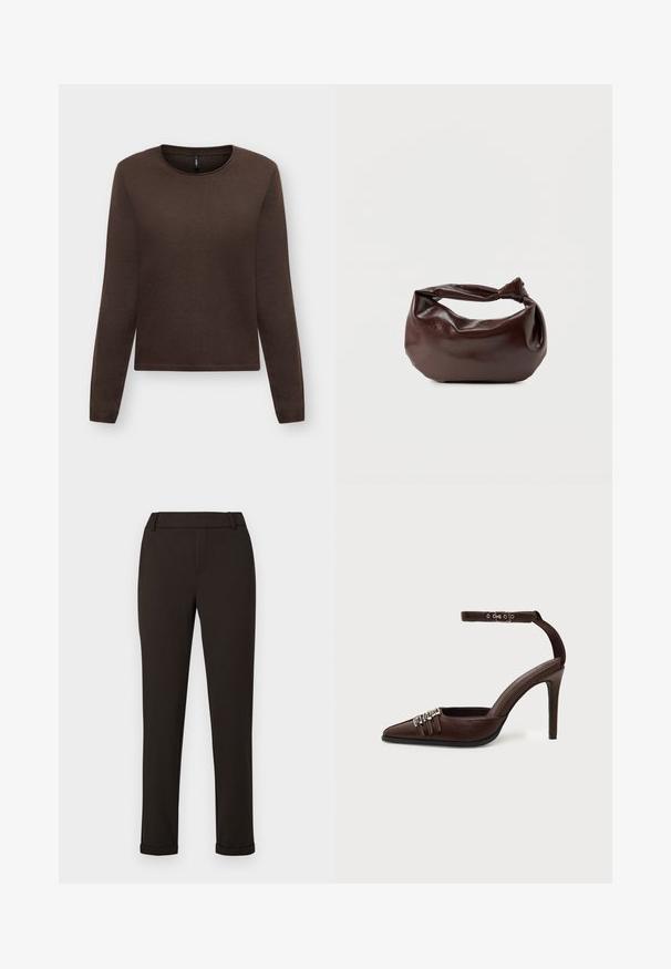 Brun langærmet crewneck sweater med ribbet manchetter og kant, vist på en ensartet lys baggrund.; Sorte slim-fit bukser med bæltestropper og manchetter mod en ensfarvet hvid baggrund.; Brun læder højhælet sko med spids tå, tre små sølvspænder foran og justerbar ankelrem med spænde.; Mørkebrun læder skuldertaske med en blød, afslappet form og et snoet knudehåndtag på en ensartet hvid baggrund.