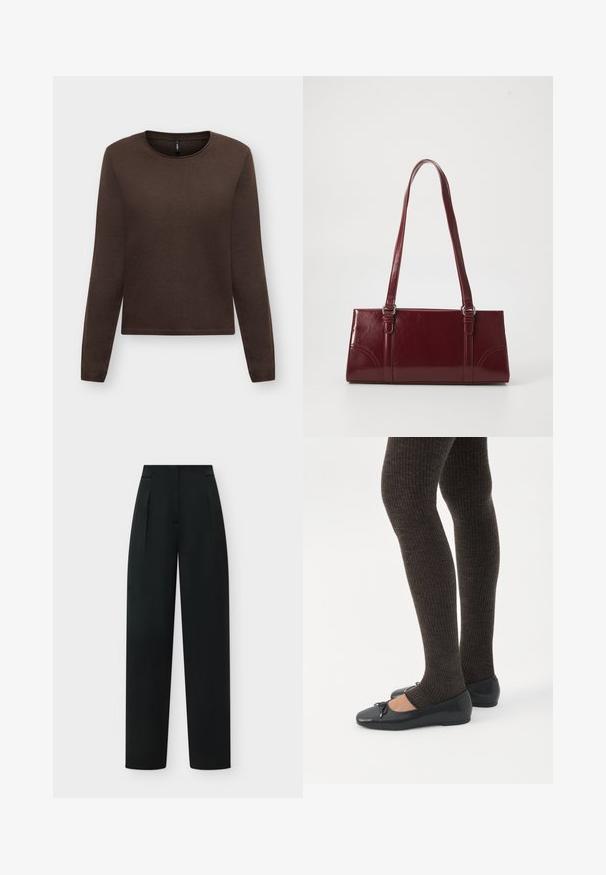 Pull marron à manches longues, col rond, avec poignets et ourlet côtelés, présenté sur un fond clair uni.; Pantalon noir taille haute, ajusté, jambes droites avec plis devant, présenté à plat sur un fond uni.; Jambes portant des leggings côtelés foncés associés à des ballerines noires avec de petits détails en nœud sur fond blanc.; Sac à main bordeaux en matériau brillant, de forme rectangulaire, avec deux anses et des accents légèrement courbés à l'avant.