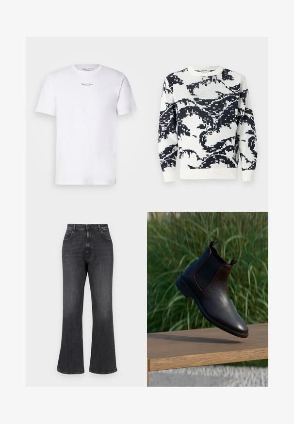 Trui met ronde hals in crème met een zwart abstract patroon. Heeft geribde manchetten en zoom, gemaakt van zacht, gestructureerd materiaal.; Witte T-shirt met korte mouwen van katoen met een ronde hals. Heeft het "Marc O'Polo" logo in het zwart op de borst. Soepele textuur, minimalistisch ontwerp.; Donkerdenim flare jeans met een hoge taille, voorzien van vijf zakken en zichtbare stiksels. De stof heeft een soepele textuur en een lichte vervaging.; Zwarte leren Chelsea boots met textuurafwerking, elastische zijpanelen en lusflappen. Stevige zool en slank, puntig ontwerp.