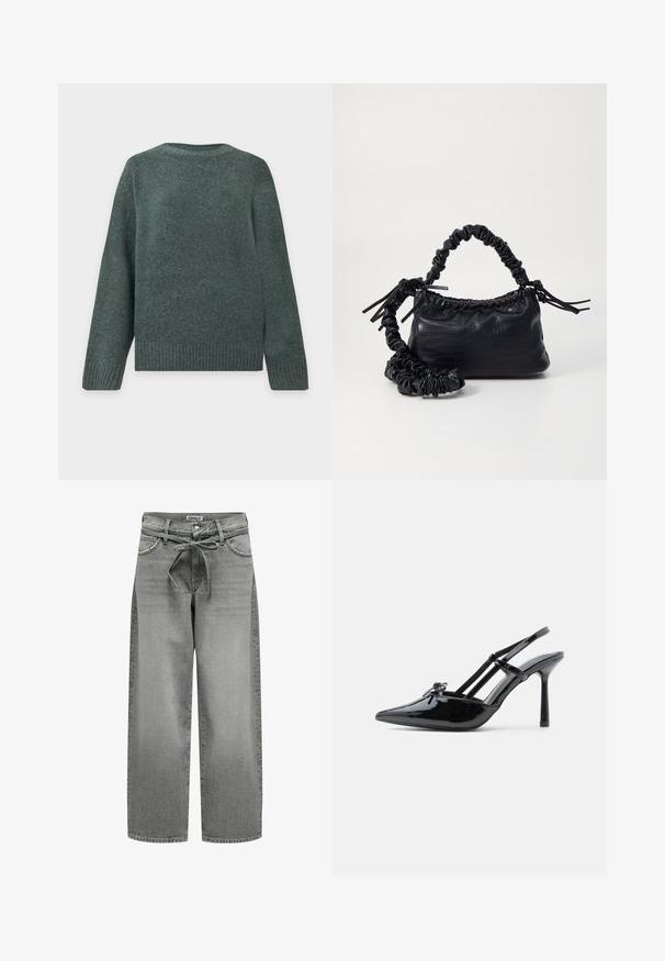 Mørkegrøn langærmet rundhalset sweater med ribkanter ved ærmer og talje, lavet af blødt, tekstureret strikstof.; Bredde grå denim jeans med snøre i taljen og forlommer. Stoffet har en let struktur og en falmet overflade.; Sort lakeret læder højhælet slingback-sko med spids tå, tynd hæl og dobbelt remdetalje over vristen.; Sort kunstlæder håndtaske med krokodilteksur, indsnøret top og en sammenkrøben rem. Ser blød og kompakt ud i designet.