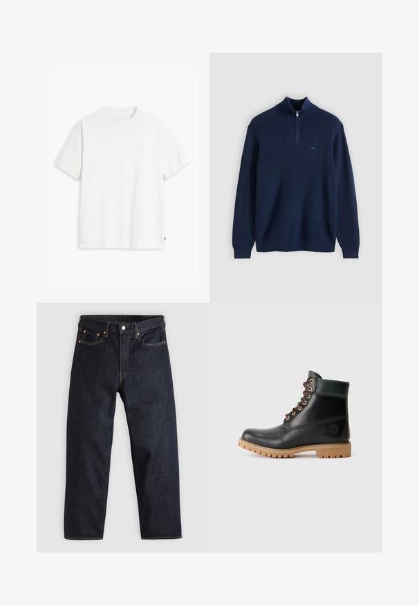 Pull-over bleu marine avec col montant et fermeture éclair sur la moitié. Texture côtelée, manches longues, et petit logo sur la poitrine. Matière en tricot doux.; T-shirt en coton blanc à manches courtes, col rond, avec un logo "Levi's" discret imprimé en couleur claire sur le devant.; Jean en denim bleu foncé avec une coupe droite, cinq poches, des coutures orange contrastantes et une fermeture à boutons. Pas de motifs ou d'ornements visibles.; Botte de cheville noire en cuir avec des lacets marron, col rembourré vert et semelle en caoutchouc beige avec des rainures profondes, vue de côté sur fond blanc.
