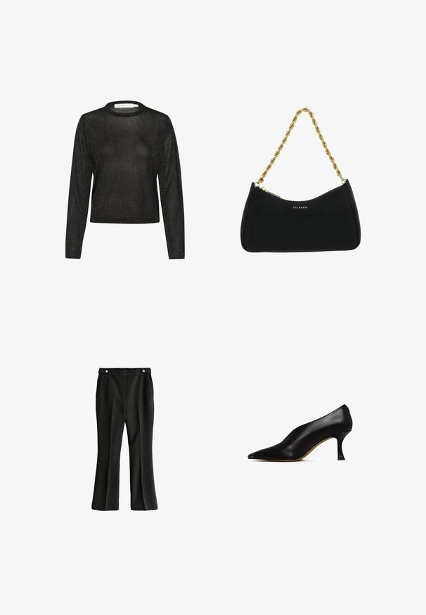 Zwarte langermige top van transparante, glinsterende stof met een ronde halslijn en een cropped ontwerp. Kenmerkt een minimalistische stijl.; Zwarte broek met een rechte, uitlopende snit. Heeft een platte voorkant met twee zijzakken en een elastische tailleband. Soepele stofstructuur.; Zwarte leren hoge hak schoen met een spitse neus en een slanke, gebogen hak. Kenmerkt zich door een gladde textuur en een minimalistisch ontwerp.; Zwarte handtas van glad materiaal, met een gebogen vorm, een gouden kettingband en gouden logodetails. Ritssluiting aan de bovenkant.