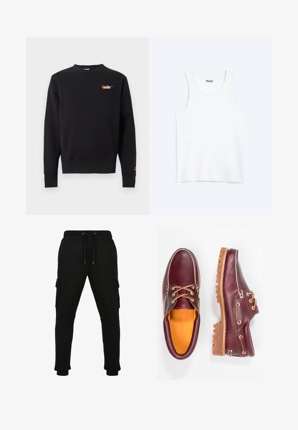 Zwarte trui met lange mouwen en ronde hals, met klein oranje Nike-logo op de linkerkant van de borst en mouwboord.; Wit mouwloos hemdje met ronde hals en Weekday-merklabel aan de binnenkant van de achterkraag, plat weergegeven op een lichte achtergrond.; Zwarte joggingbroek van een katoenmix, met een waistband met trekkoord, zijcargo zakken en ribgebreide manchetten. Gladde textuur.; Bordeaux leren schoenen met bruine rubberen zolen, ronde neus, witte stiksels en gouden veterogen. Het interieur heeft een gele voering.
