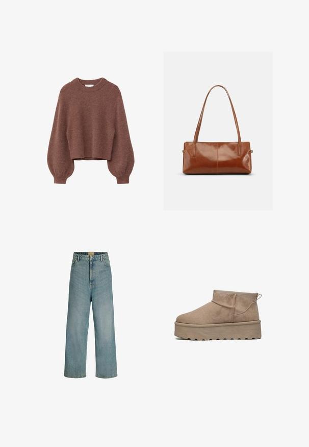 Brun, fuzzy strikket cropped sweater med ballonærmer og ribbet kanter ved ærmer og hals på en hvid baggrund.; Lyseblå jeans med vid ben og høj talje, frontknaplukning, bæltestropper og klassisk fem-lomme-design.; Beige suede ankelstøvle med rund tå, elastisk krave og en tykk platformsål med dybe riller for greb. Flad, strømlinet design.; Rektangulær brun læderhåndtaske med to lange skulderremme, glat blank finish og minimalistisk design på en ensfarvet baggrund.